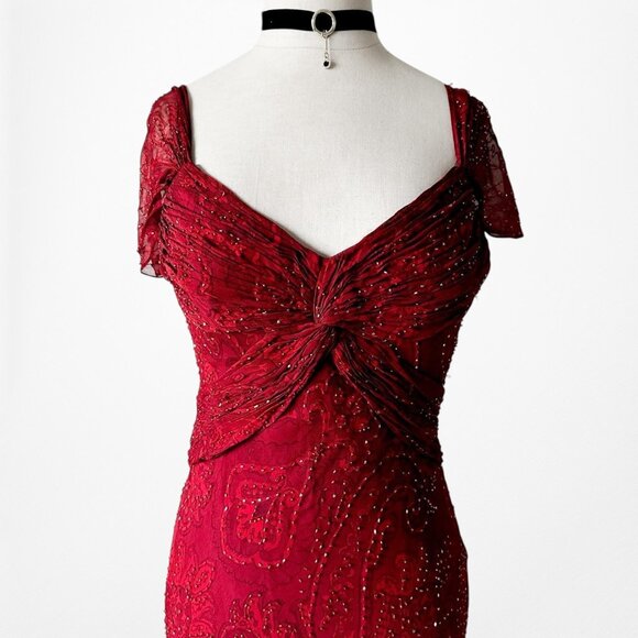 Vintage Red Beaded Fit Flared Silk Bodycon Maxi Prom Scarf Dress Size S/M - Picture 6 of 11